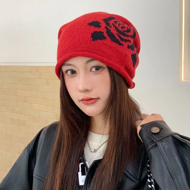 Retro Versatile Knitted Hat Autumn Winter Warm Pile Hat Personality Trend Cold Hat Big Head Circumference Showing Face Unisex