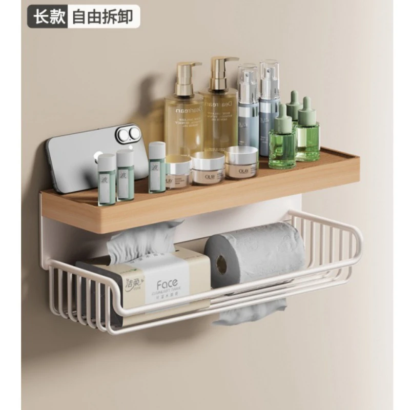 

Walnut Wood No Drill Wall Mounted Toilet Paper Holder Vintage Style Bathroom Shelf