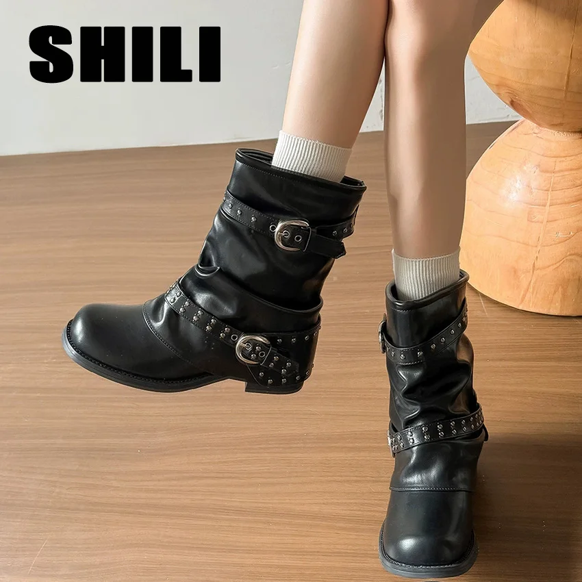 botas feminina botas mujer Ankle Boots Black Pleated Western Cowboy Short Boots for Women Spring Autumn Chunky Heel  Boots