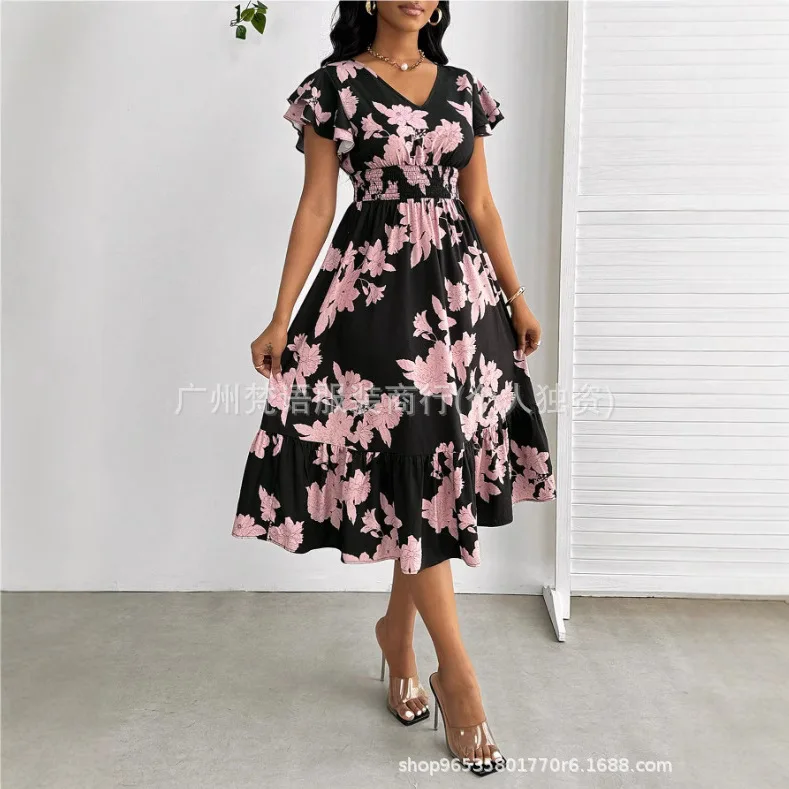 Sommermode-Kleid für Damen mit Blumendruck, V-Ausschnitt und lässigem Rüschenrand, kurzen Ärmeln, Rüschenärmeln, mittellanges Kleid
