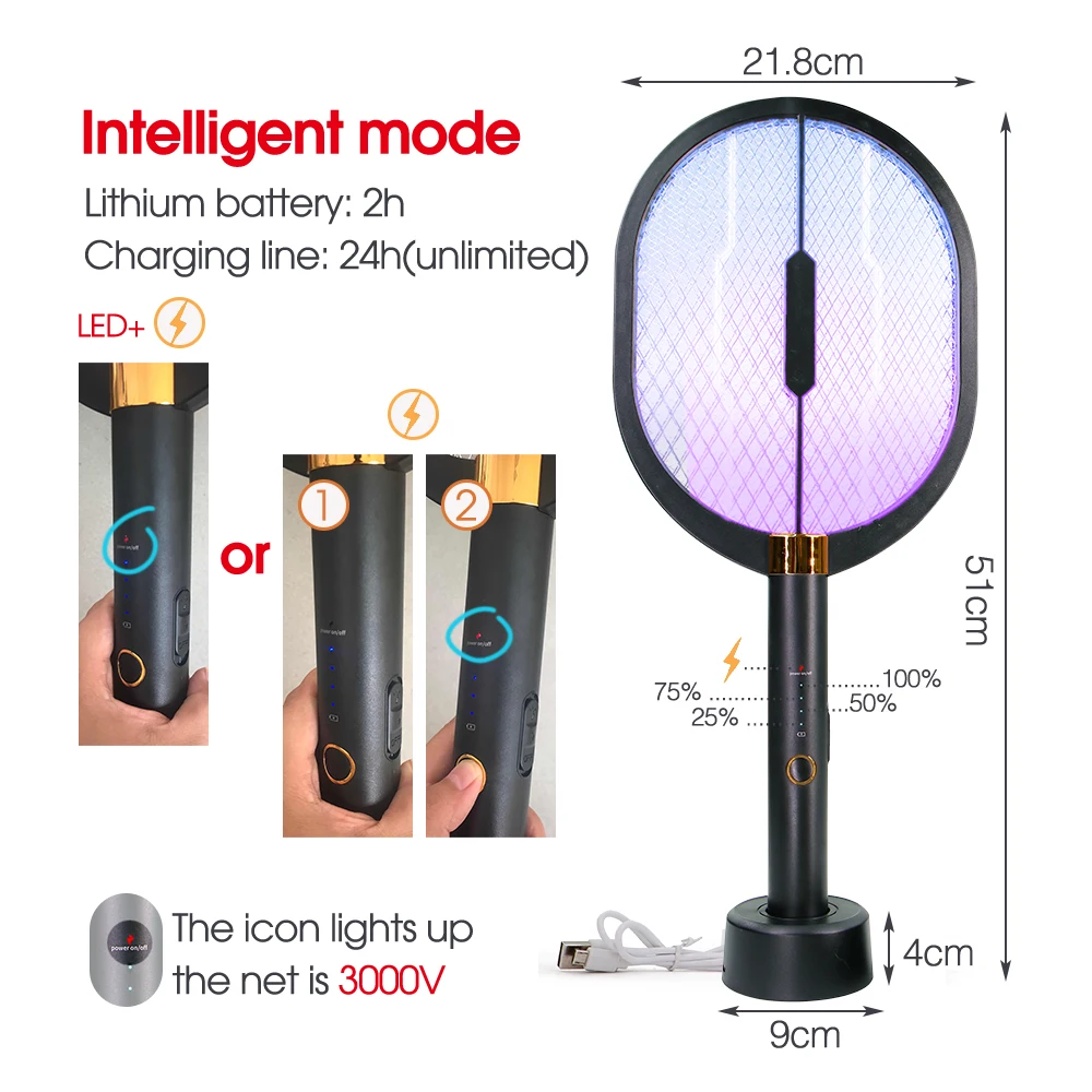 1200mAh 3000V Smart Rechargeable 3-Layer Safety Mesh Mosquito Zapper Bug Zapper Insect Killer Racket Against Pest Control Indoor