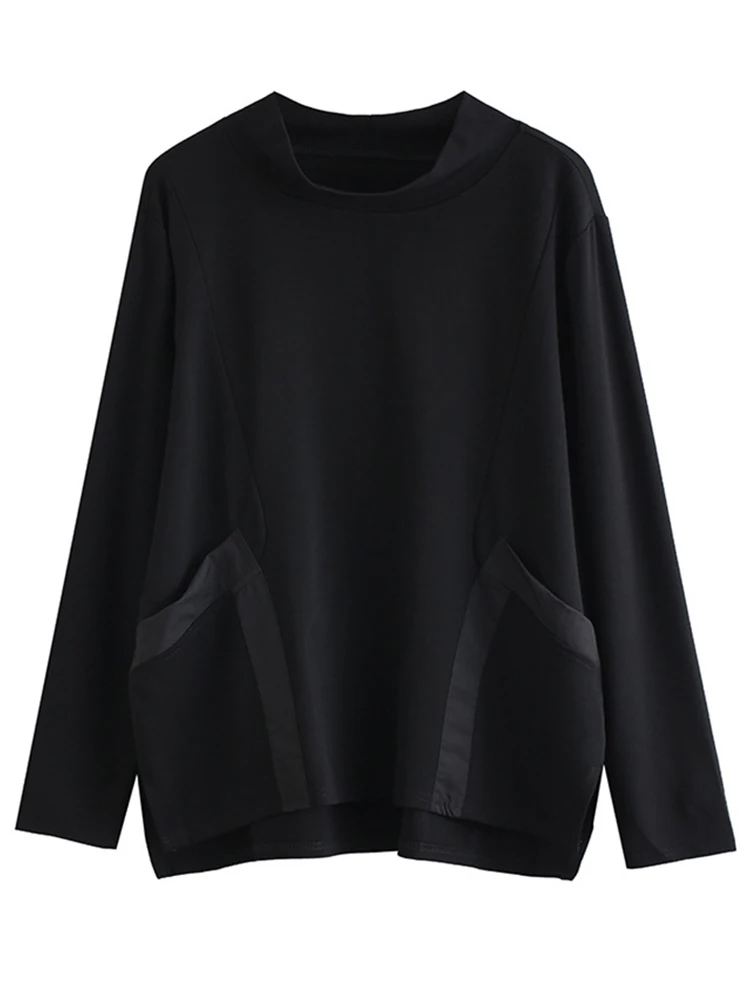 [EAM] Loose Fit Black Pocket Irregular Sweatshirt New Stand Collar Long Sleeve Women Big Size Fashion Spring Autumn 2024 1DE4263