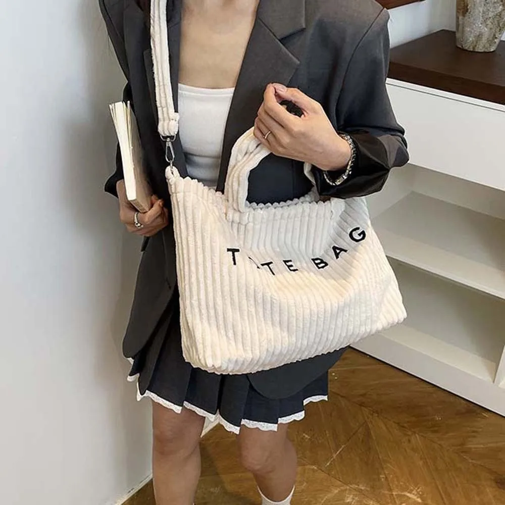 

Korean Style Corduroy Tote Bag Large Capacity Solid Color Slouchy Shoulder Bag Commuting Pouch Trendy Letter Embroidery Handbag
