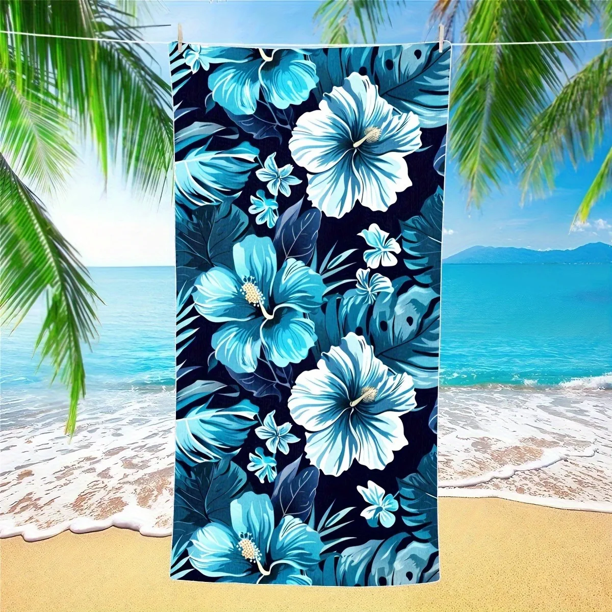 Dark Navy Blue Hibiscus Monstera Tropical Beach Towel Quick Dry Soft Lightweight for Swimming Vacation Beach Summer Holiday