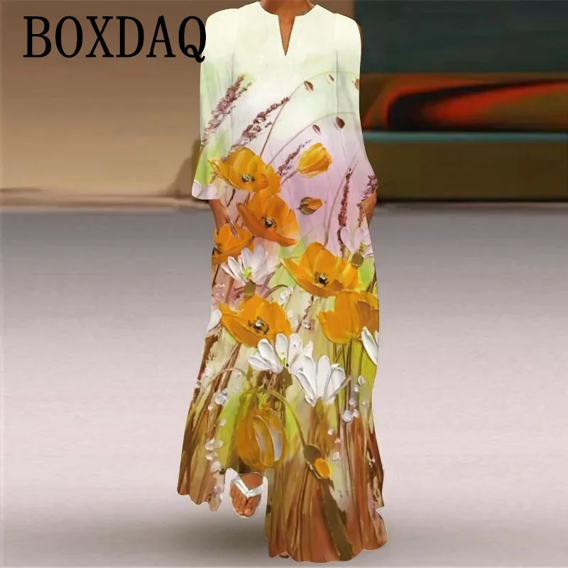 우아한 가을 롱 드레스 여성 패션 스트리트 캐주얼 긴 소매 브이넥 포켓 드레스 빅 사이즈 3XL 맥시 드레스