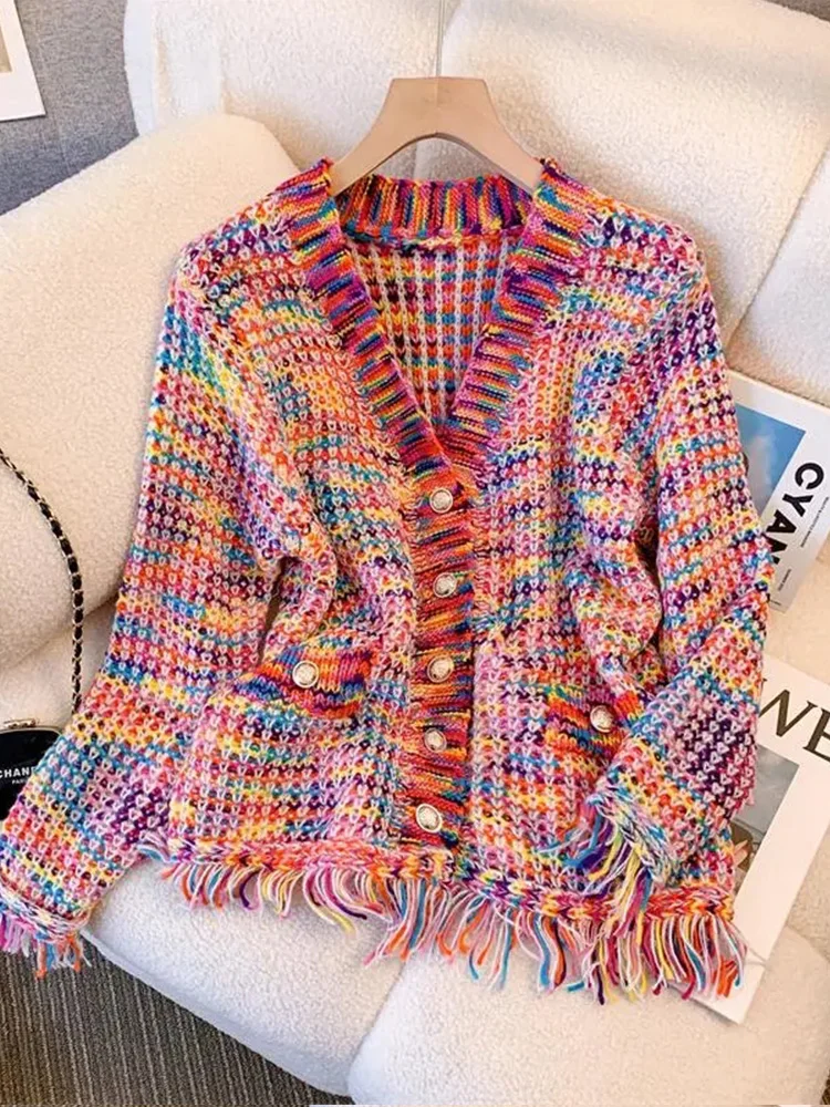 

Spring Autumn Tassel Knitted Sweater Coat Women Design Sense V-ne ort Length Regular Sve Long Sve Knitwear