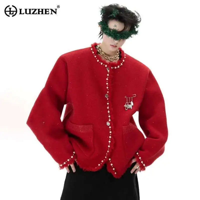 LUZHEN Christmas Knitted Sweater Cardigan Pearl Decorate High End Light Luxury Versatile Solid Color Outerwear Male New LZ8206