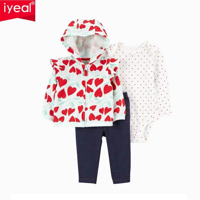 IYEAL Baby Boys Girls Cartoon Print Outfits Long Sleeve Hooded Sweatshirt+Romper+Pant Newborn Suits 3 pcs 6-24M