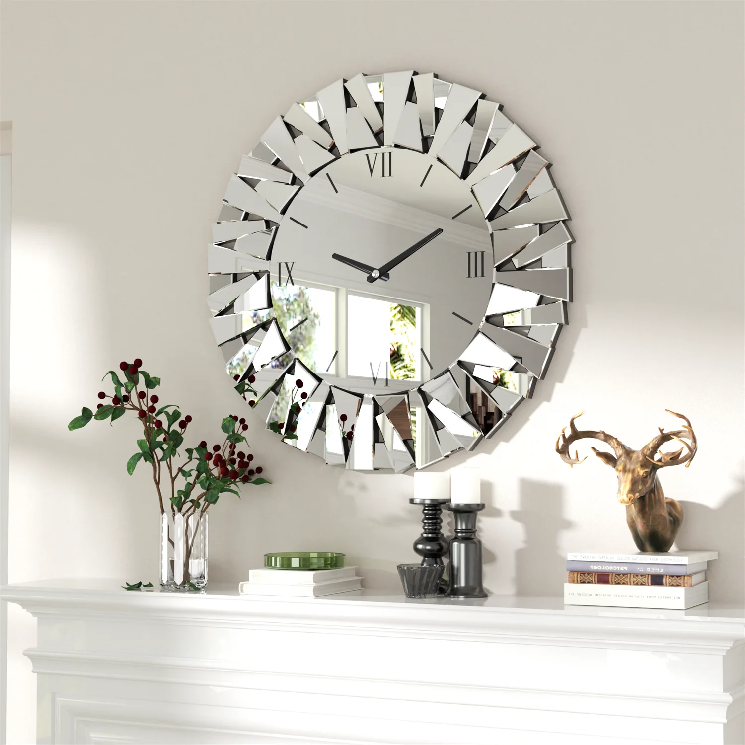 80cm Large Round Mirrored Wall Clock 3D Beveled Glass Edge Fireplace Living Room Fireplaces Decor