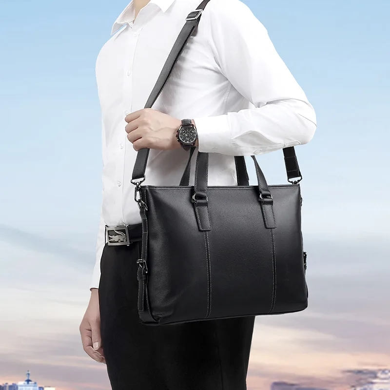 Genuine Cowhide Leather Briefcase Large Capacity Laptop Bag Silver Hardware For Men Business Work Ample Storage Space SAC
