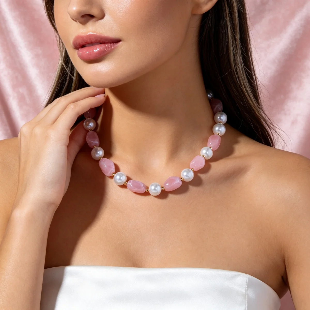 Französische sanfte barocke Halskette mit simulierten Perlen aus rosa Harz für Damen und Herren, elegante, süße, unregelmäßige Perlen, Choker-Schmuck, Geschenk – Detail 12