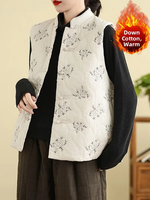 

Heavy Embroidery down Cotton Vest Warm Retro New Chinese Sle Women's plus Size Jaet Coat Open Cardigan Sle for Autumn W...