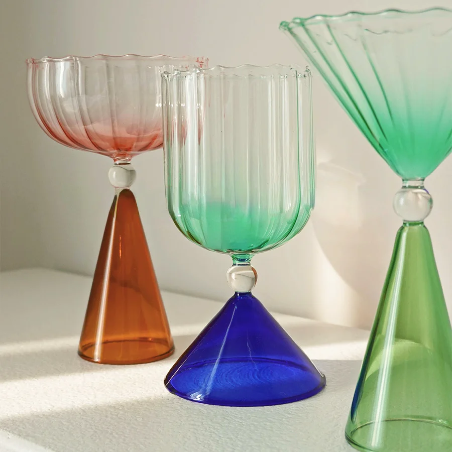 Gradient Stripe Crystal Glass Creative Glassware Irregular Wine Cup Champagne Coupe Cocktail Glasses Ice Cream Bowl Juice Goblet