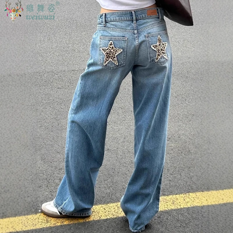 Amerykańskie damskie jeansy retro w panterkę z naszywkami w gwiazdy, proste spodnie dżinsowe, codzienne niebieskie spodnie z szerokimi nogawkami, jesienne spodnie w stylu Y2k.