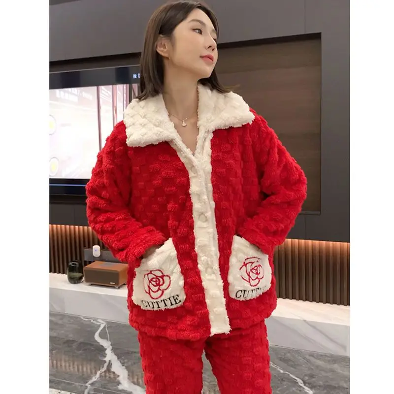 2023 Pajama Women Autumn and Winter New Coral Velvet Plus Velvet Cardigan Small Fragrant Wind Home Suit Thick Coat