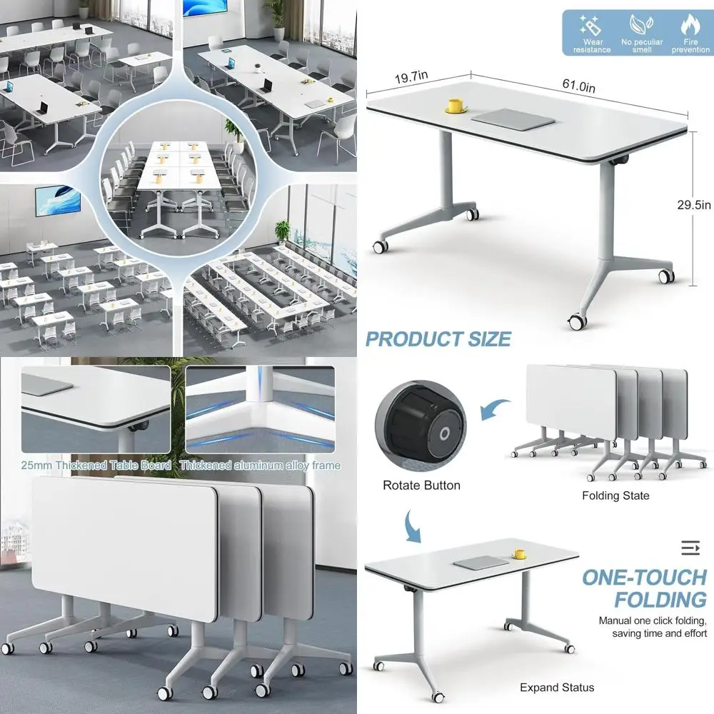 

6-12 Person Folding Conference Table with Wheels, Large Rectangular Seminar Table, Mobile Training Room Desks (4 Pack, White, 63