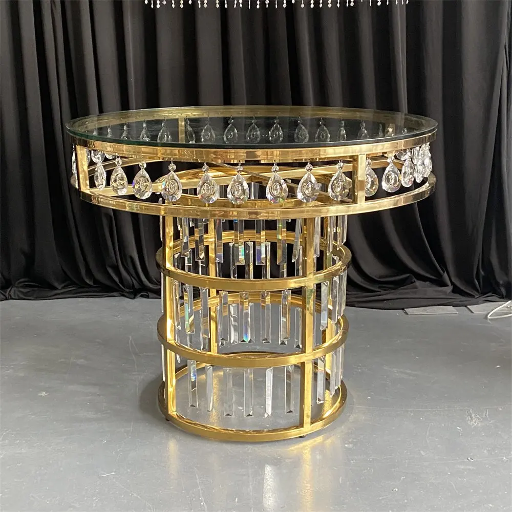 High Quality Wedding Furniture Gold Stainless Steel Round Cake Table Mirror Crystal Dessert Table