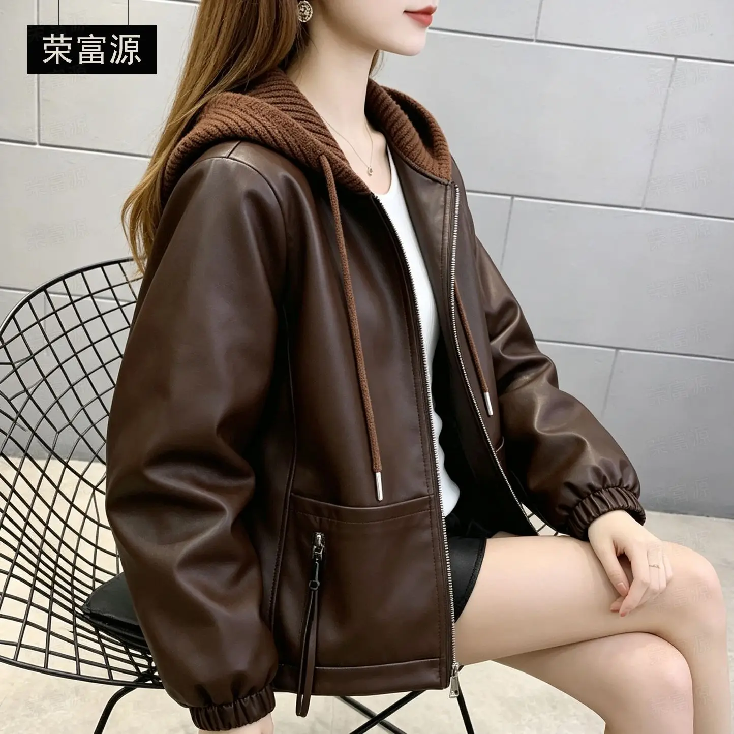 High-Quality PU Leather Jacket Women Spring Autumn 2027 New Leather Coat Knitted Hat Outerwear Fashion Short Overwear Female Top
