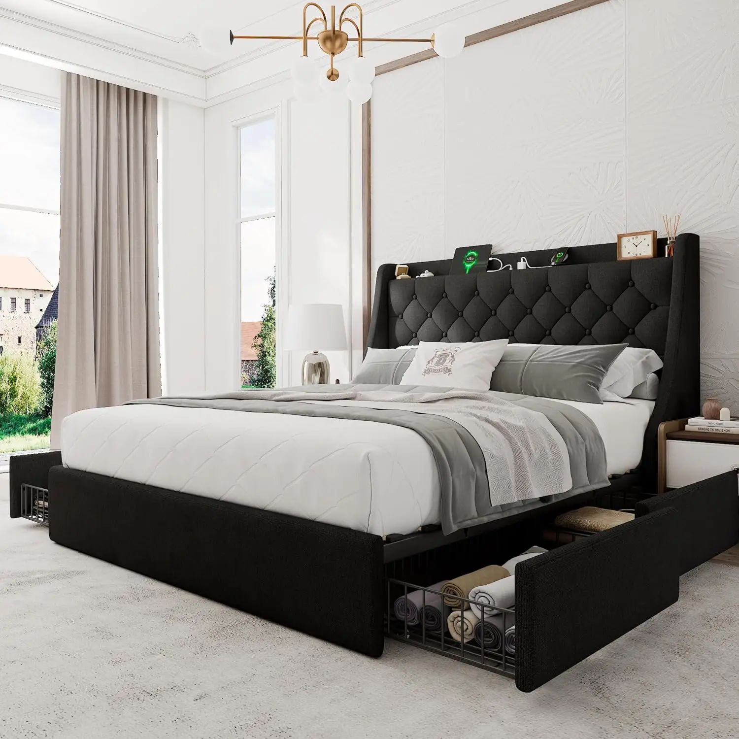 Full Size Upholstered Platform Bed with 4 Storage Drawers & Wingback Headboard & Charging Station, No Box Spring, Easy Assembly,