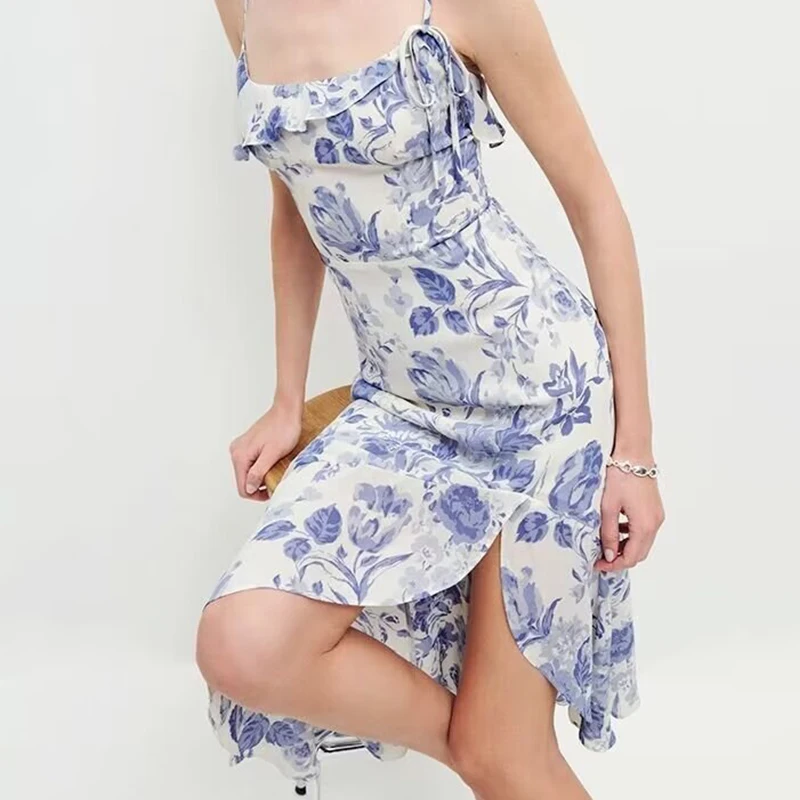 

New Women Asymmetrical Ruffle Floral Print Sling Dress Sexy Sleeveless Female Chiffon Summer Beach Dress Holiday Robe