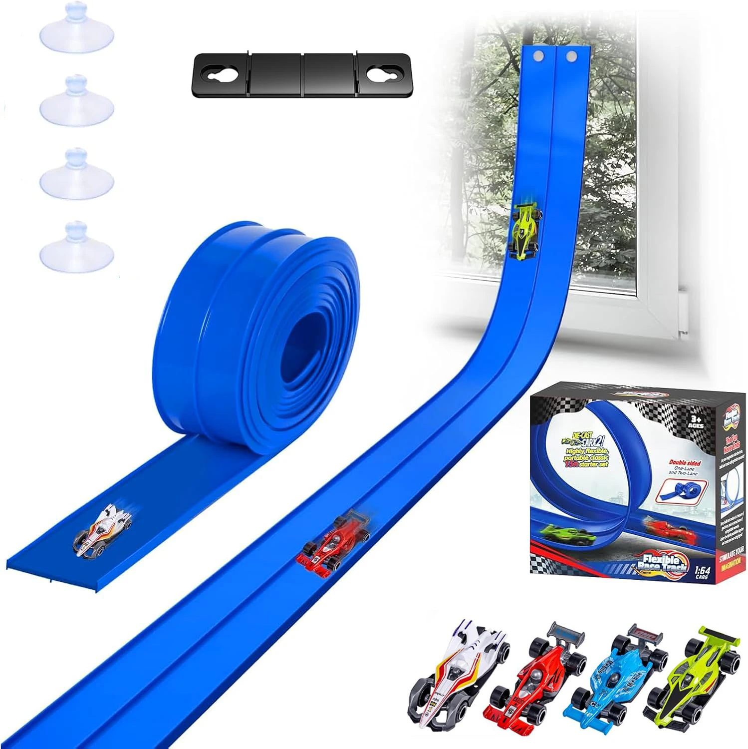 Flexible Race Track Toys for Kids 15 Ft Flex Race Car Ramp Track with Suction Cups Rolls Up Portable DIY Racetrack Birthday Gift
