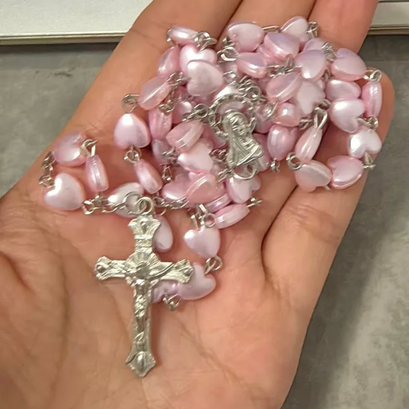 5pcs ChristianChristian Rosary Beads Necklace For Women Cross INRI Virgin Mary Pendant Pink Heart Chain Female Religion Prayer P