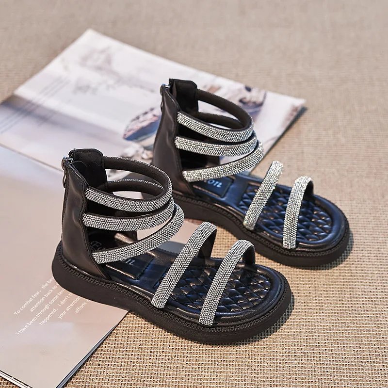 Summer Kids Shiny One-Strap Roman Sandals Children Back-Strap Open-Toe Shoes Girls Soft-Sole Buckle Beach Shoes Everyday Casual