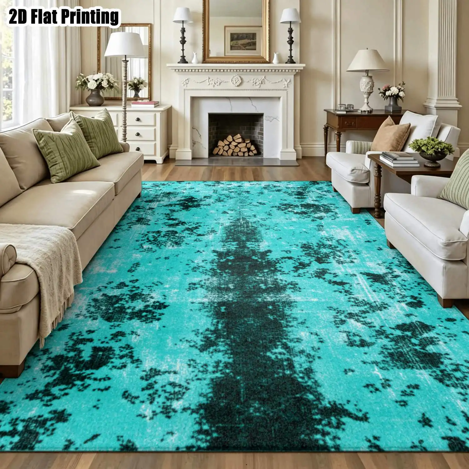 1Pc 2D Printed Carpet: Green-Blue Abstract Nordic/Instagram Style, Modern Minimalist Vintage Geometric, Home Decor, Multi-Size, Machine Washable, for Entrance, Dining, Foyer, Bedroom, Living Room