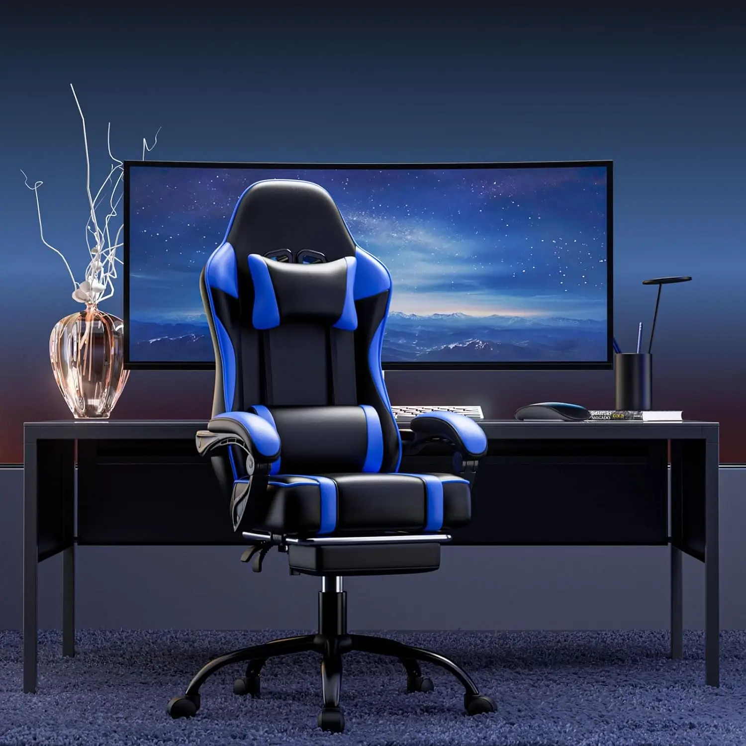 Game chair, computer chair with footstool and waist support, ergonomic electronic game chair