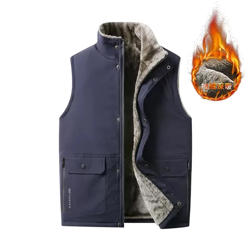 Winter solid color fleece-lined thickened warm windproof cotton padded vest men's casual loose sports plus size high quality top