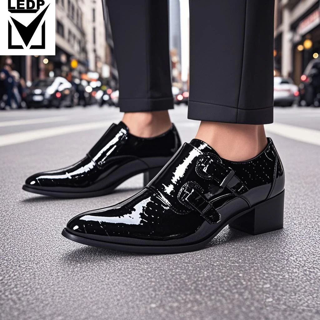 

Autumn Men High Heels Metal Buckle Cowhide Round Head Model Catwalk Singer Performance Thick Heel Increase Men's Shoes