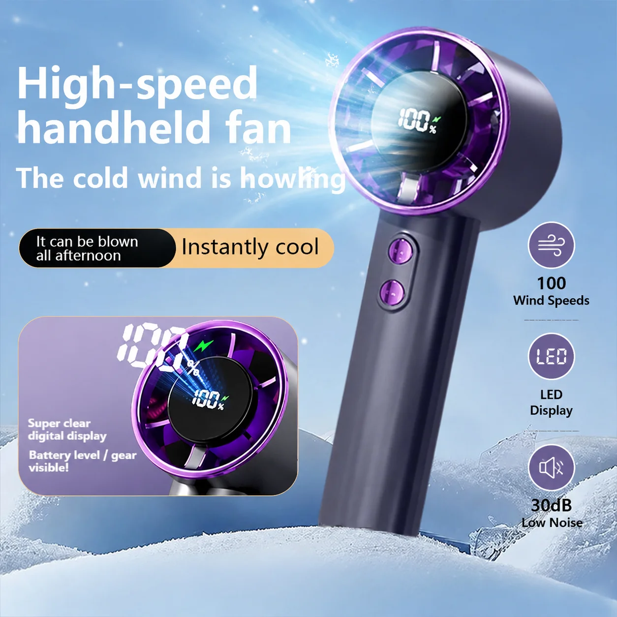Summer High-speed Handheld Fan with LED Display 100Wind Speeds Rechargeable Cooling Fan 30dB Low Noise for Outdoor Travel Office