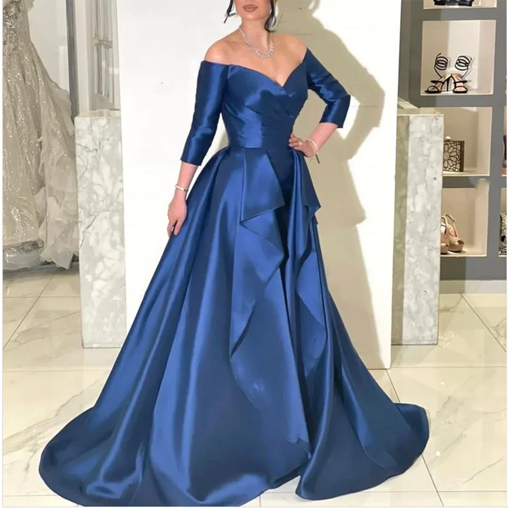 

Off Shoulder Evening Dresses Long A Line فساتين سهرة V Neck Satin Formal Prom Party Gown Robe de soirée with 3/4 Sleeve