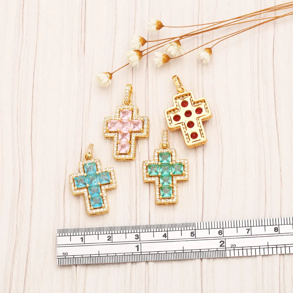 OCESRIO Trendy Multicolor Crystal Crucifix Necklace Pendant Copper Gold Plated Cross Jewelry Making Component Wholesale pdtb283