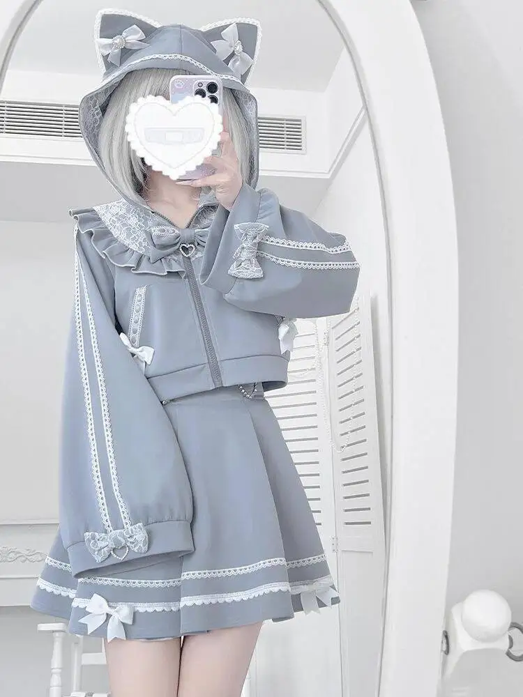

Японский стиль Kawaa Sweet 2-х предметный комплект Лолита Милое короткое пальто с капюшоном Кружевная лоскутная мини-юбка Y2k Harajuku Модный костюм для женщин