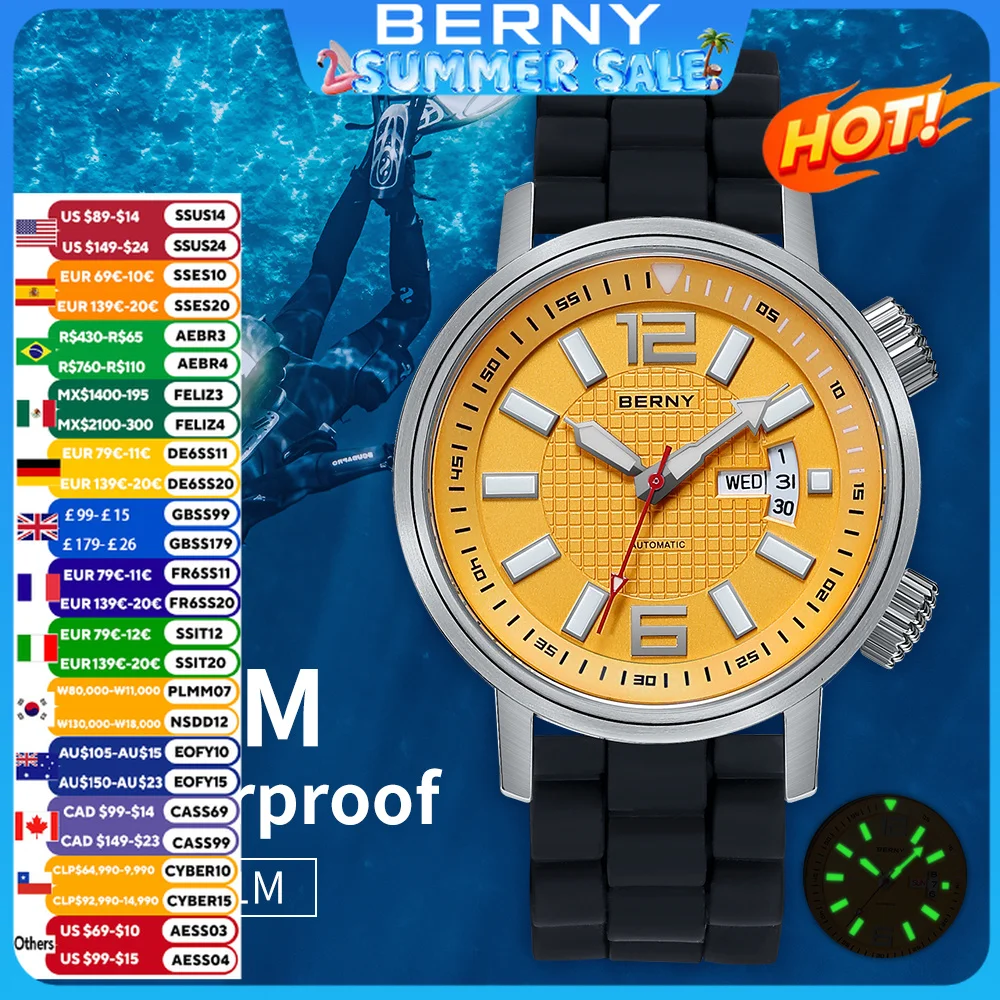 Miyota 8205 20ATM Diver Orologio meccanico automatico da uomo Sport Luminoso Zaffiro Orologio da polso impermeabile Nuoto Orologio a carica