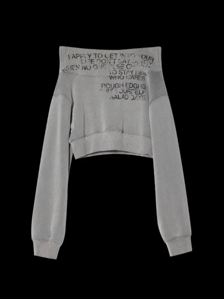 Hoddies Frauen Vintage Kleidung Brief Drucken Crop Slash Neck Harajuku Sexy Tops Streetwear Japanischen Sweatshirts Casual