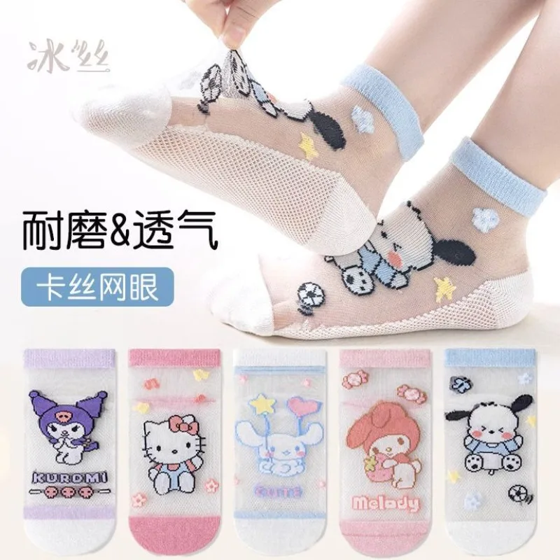

5pcs Summer Hello Kitty Cinnamoroll Anime Kawaii Sanrio Thin Children Socks Cute Ice Silk Mesh Breathable Stocking Gifts