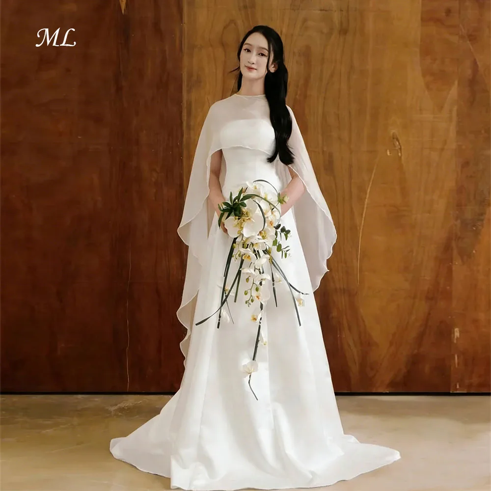 

ML 2 In 1 Strapless Satin A Line Korea Wedding Dresses Cape Sleeves Bride Wedding Photos Shoot Dress Customized Reception Gown