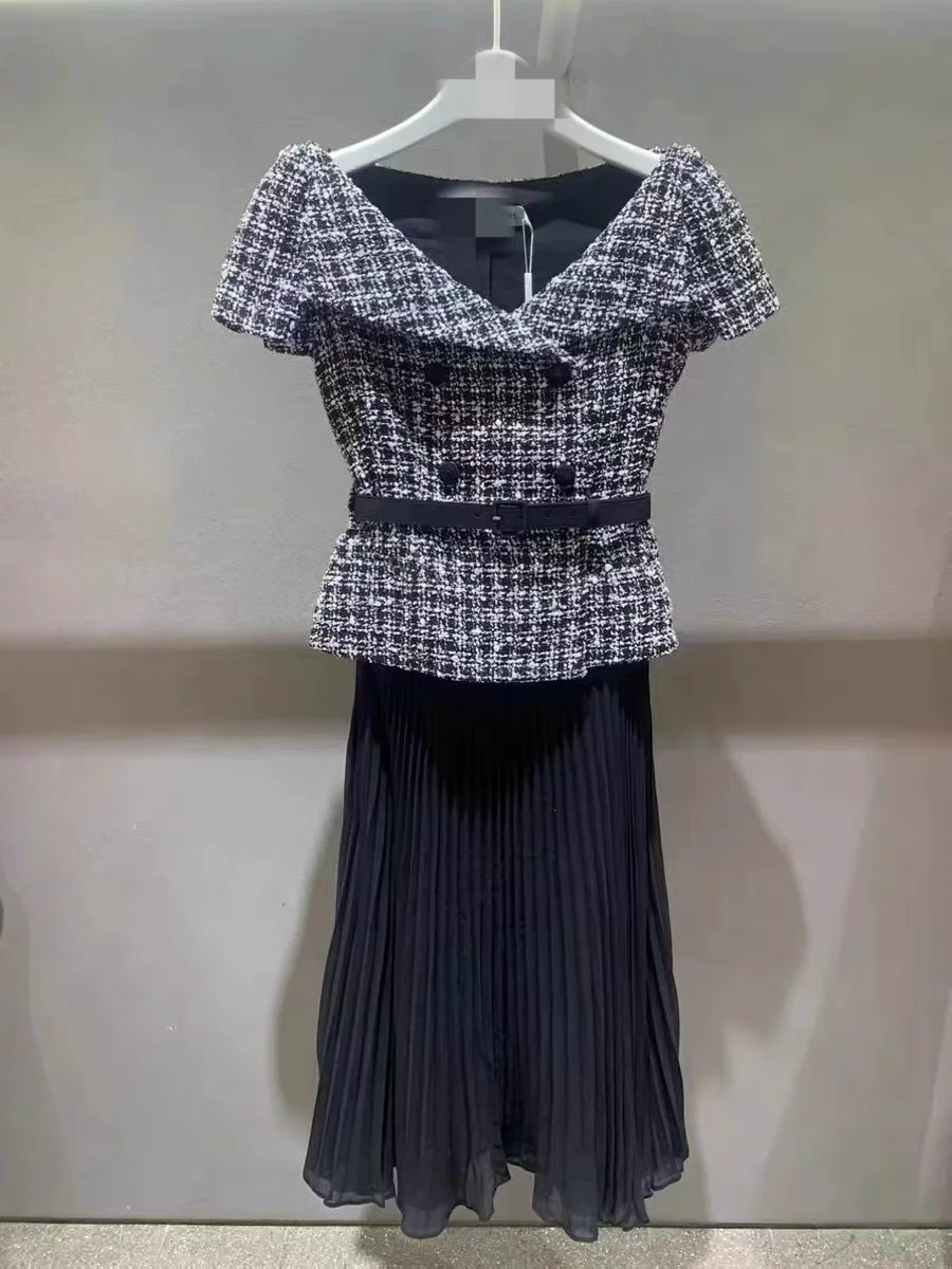 Black and white checkered small fragrant style fake two-piece chiffon pleated dress