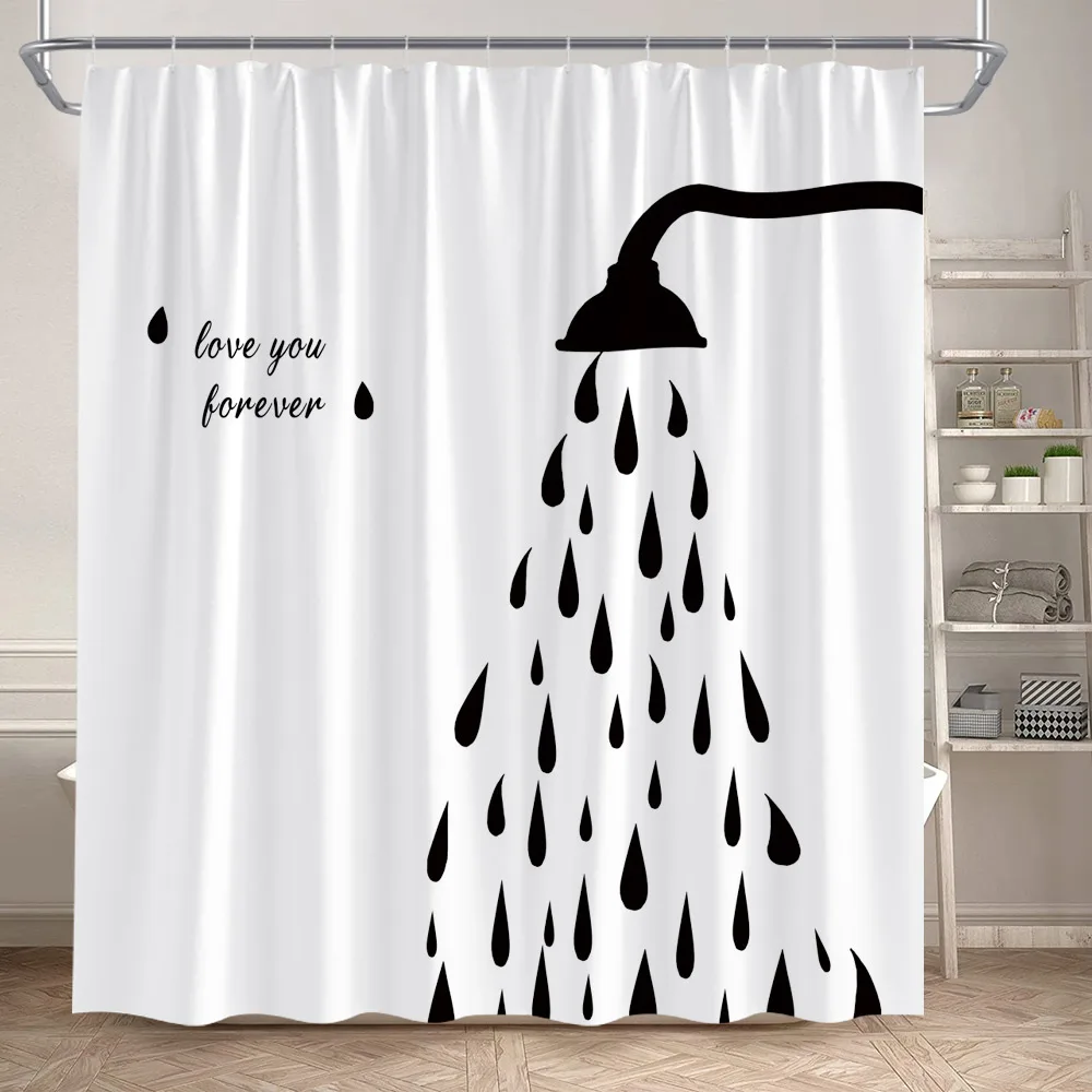 White Bathroom Shower Curtain Black Line Modern Minimalist Solid Colour Bath Curtains Polyester Fabric Bathroom Decor with Hooks