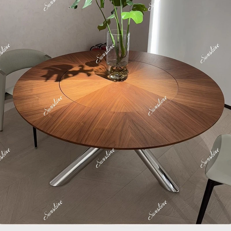 Modern minimalist round stainless steel solid wood dining table