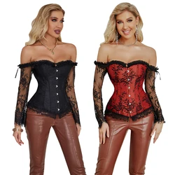 Long Floral Sleeves Women Gothic Victorian Corset Vintage Lace Up Boned Bustier Top Off Shoulder Overbust Corset