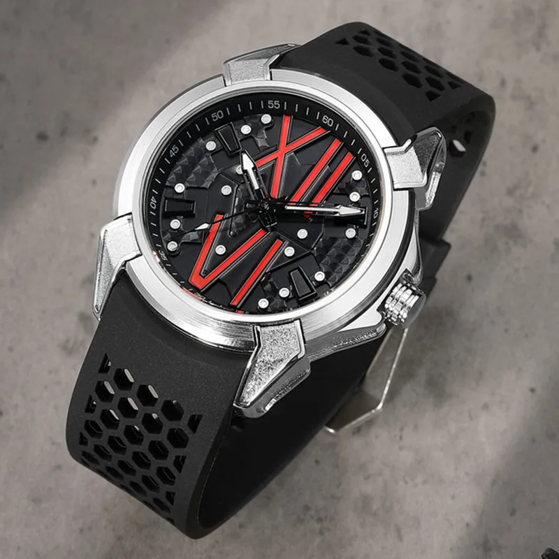 Ruimas นาฬิกาควอทซ์ผู้ชาย332นาฬิกาแฟชั่นเรืองแสงเท่สีแดงดำสายซิลิโคนสำหรับเป็นของขวัญ