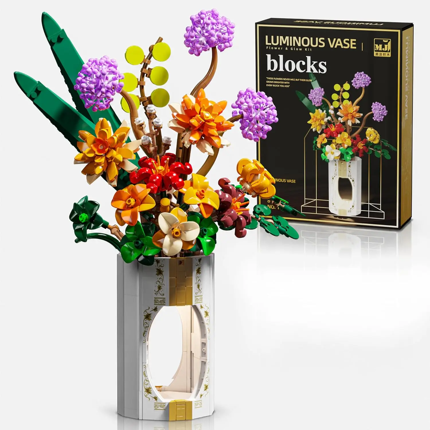 Flower Vase Building Set with Light, 890 PCS Botanical Decor | Vase Included, Warm Light Effect, Bright Floral Display, Desk & Shelf Decor, Good Gift for Holidays