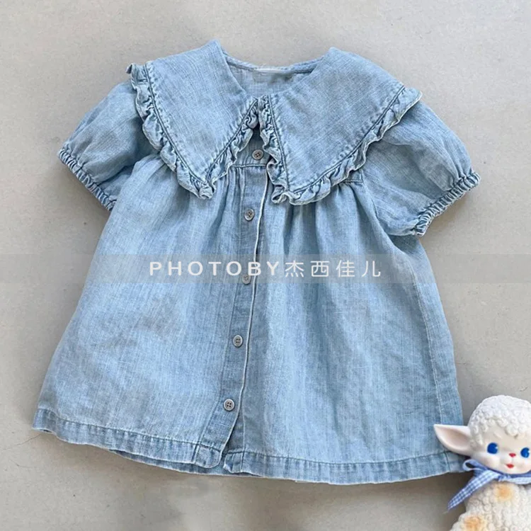 INS Korean Spring/Summer New Dress Children's Lace Large Polo Neck Bubble Sleeve Denim Princess Doll Dress