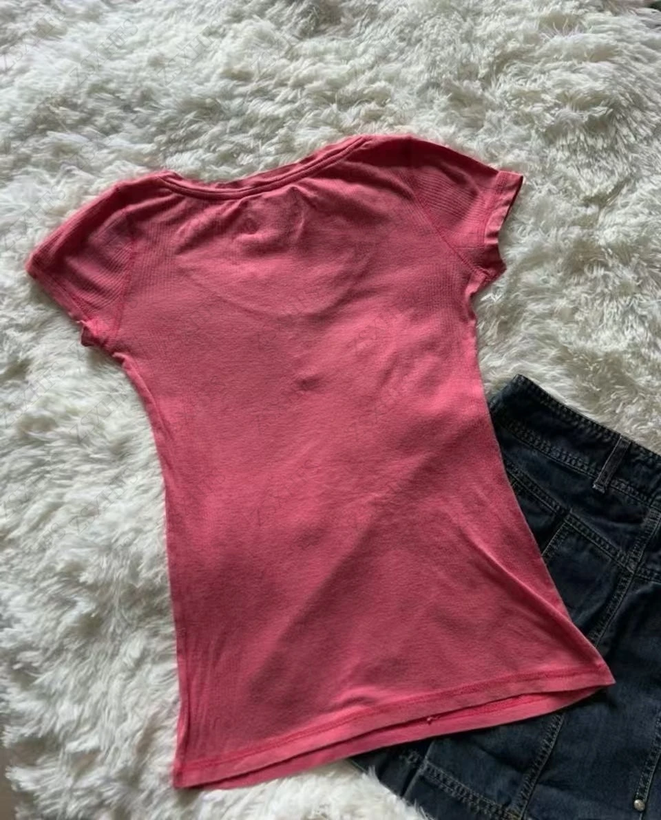Pink T shirts Women Short Sleeve Slim Punk Kawaii Casual Graphic Tee Letter Korea T shirt Femme Fashion 2000s Y2k Crop Tops Emo