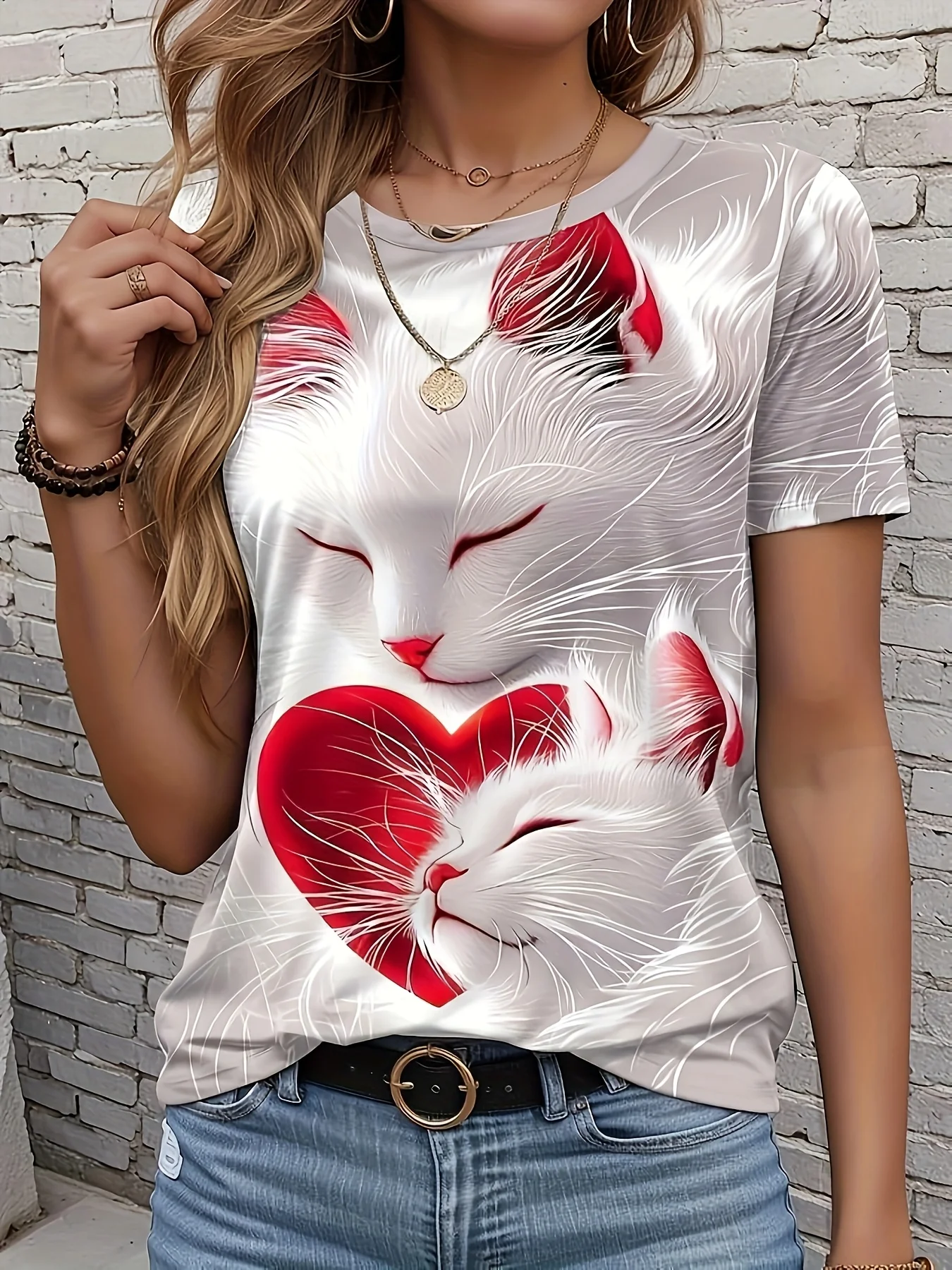 Elegant Directional Printed Round Neck Bohemian Style Loose T-Shirt for Women