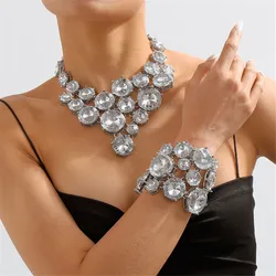 Exaggerated Rhinestone Large Round Stone Choker Necklace Bracelet Set for Girl Crystal Geometric Big Bib Collar Necklace Jewelry