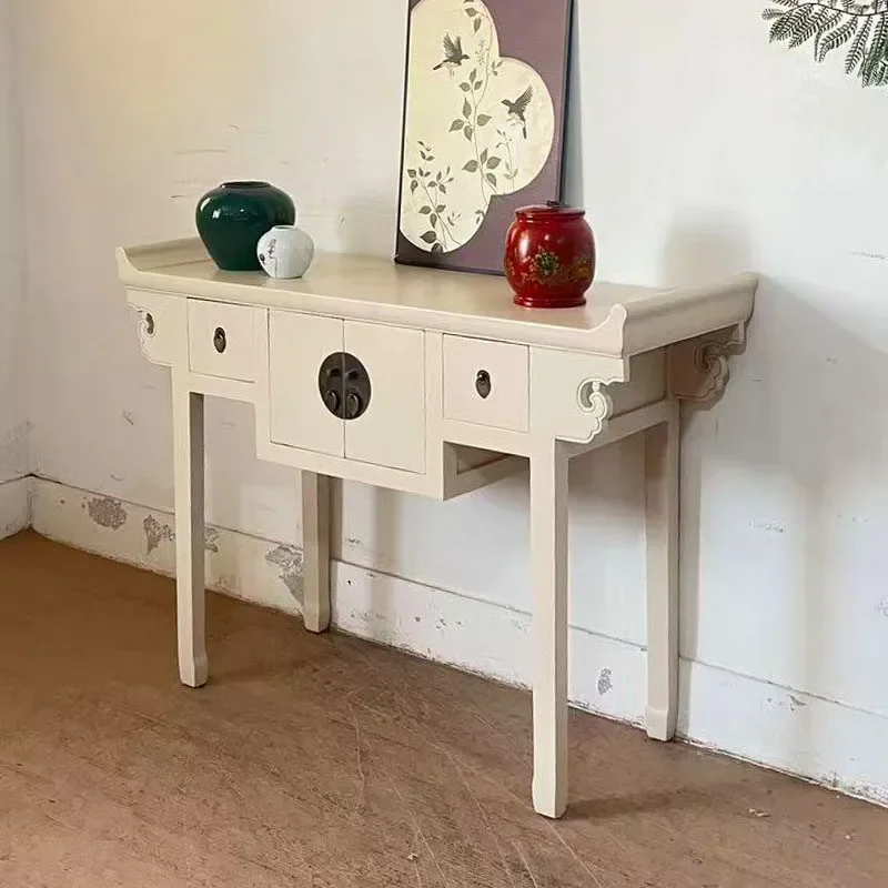 New Chinese Style Milk White Entrance Table Simple Solid Wood Strip Case Living Room Decorative Cabinet With Drawer And